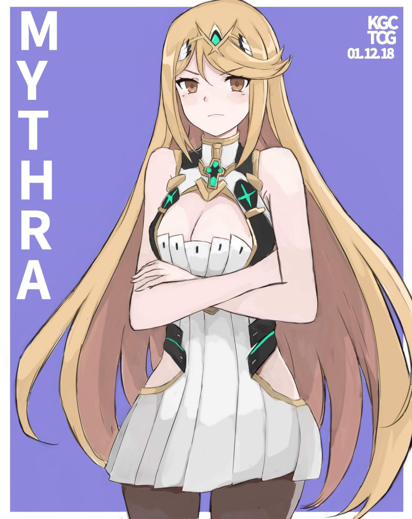 1girl angry bangs bare_shoulders blonde_hair blue_background blush breasts cleavage commentary crossed_arms dress gem hair_ornament headpiece highres mythra_(xenoblade) kgctcg large_breasts long_hair monolith_soft nintendo pantyhose simple_background solo spirit_(super_smash_bros.) super_smash_bros. super_smash_bros._ultimate swept_bangs tiara tsundere very_long_hair white_background white_dress xenoblade_(series) xenoblade_2 yellow_eyes