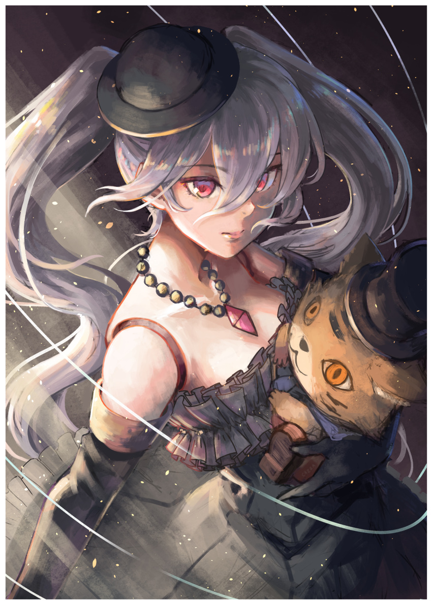 1girl absurdres black_gloves black_hat breasts cleavage collarbone detached_sleeves dress eyebrows_visible_through_hair floating_hair gloves granblue_fantasy grey_dress grey_sleeves hair_between_eyes hat highres holding holding_stuffed_animal jewelry long_hair long_sleeves necklace orchis petchduck1 red_eyes shiny shiny_hair silver_hair sleeveless sleeveless_dress small_breasts solo strapless strapless_dress stuffed_animal stuffed_toy twintails very_long_hair