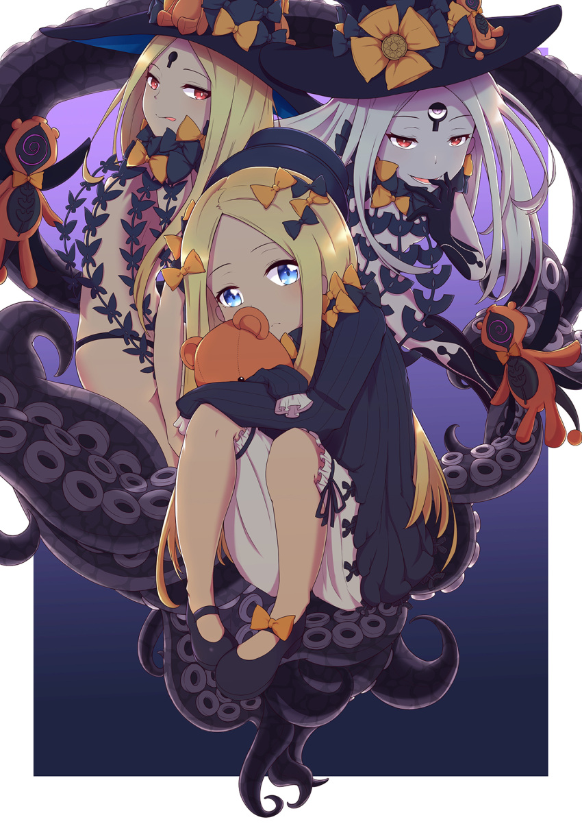 3girls :d abigail_williams_(fate/grand_order) ass bangs black_bow black_dress black_footwear black_gloves black_hat black_panties blonde_hair bloomers blue_eyes bow bug butterfly closed_mouth commentary_request dress elbow_gloves fate/grand_order fate_(series) forehead gloves hair_bow hat hat_bow head_tilt highres insect keyhole licking_lips long_hair long_sleeves looking_at_viewer mary_janes minazuki_no_hanayome multiple_girls multiple_persona object_hug open_mouth orange_bow panties parted_bangs pigeon-toed red_eyes revealing_clothes shoes sitting sleeves_past_fingers sleeves_past_wrists smile stuffed_animal stuffed_toy suction_cups teddy_bear tentacle tongue tongue_out underwear very_long_hair white_bloomers white_hair white_skin witch_hat