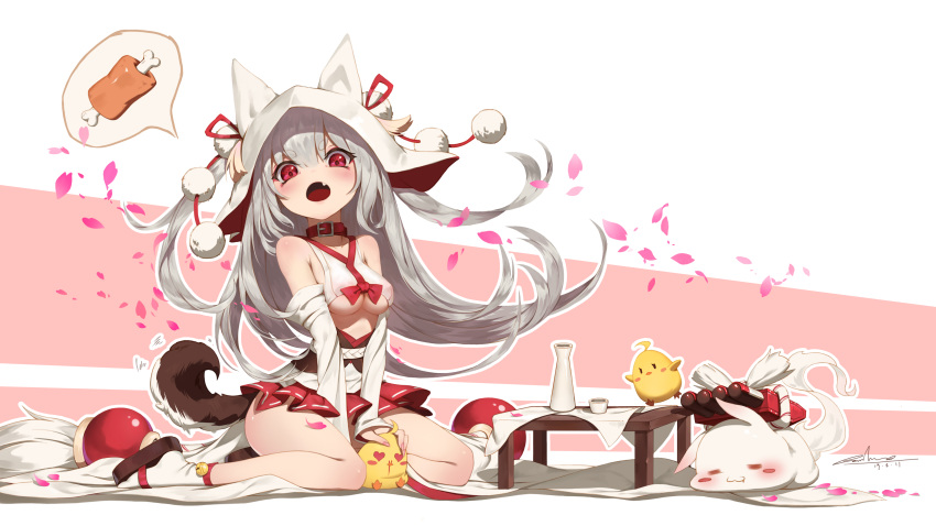 1girl absurdres alternate_costume azur_lane bare_shoulders blush boned_meat bottle breasts bridal_veil cherry_blossoms commentary dog_tail dress erect_nipples falling_petals fang food highres looking_at_viewer meat moonofmonster open_mouth pleated_skirt red_eyes sake_bottle shiny shiny_skin silver_hair sitting skirt solo speech_bubble spoken_food stuffed_animal stuffed_chicken stuffed_toy tail under_boob veil wariza wedding_dress yuudachi_(azur_lane) zouri