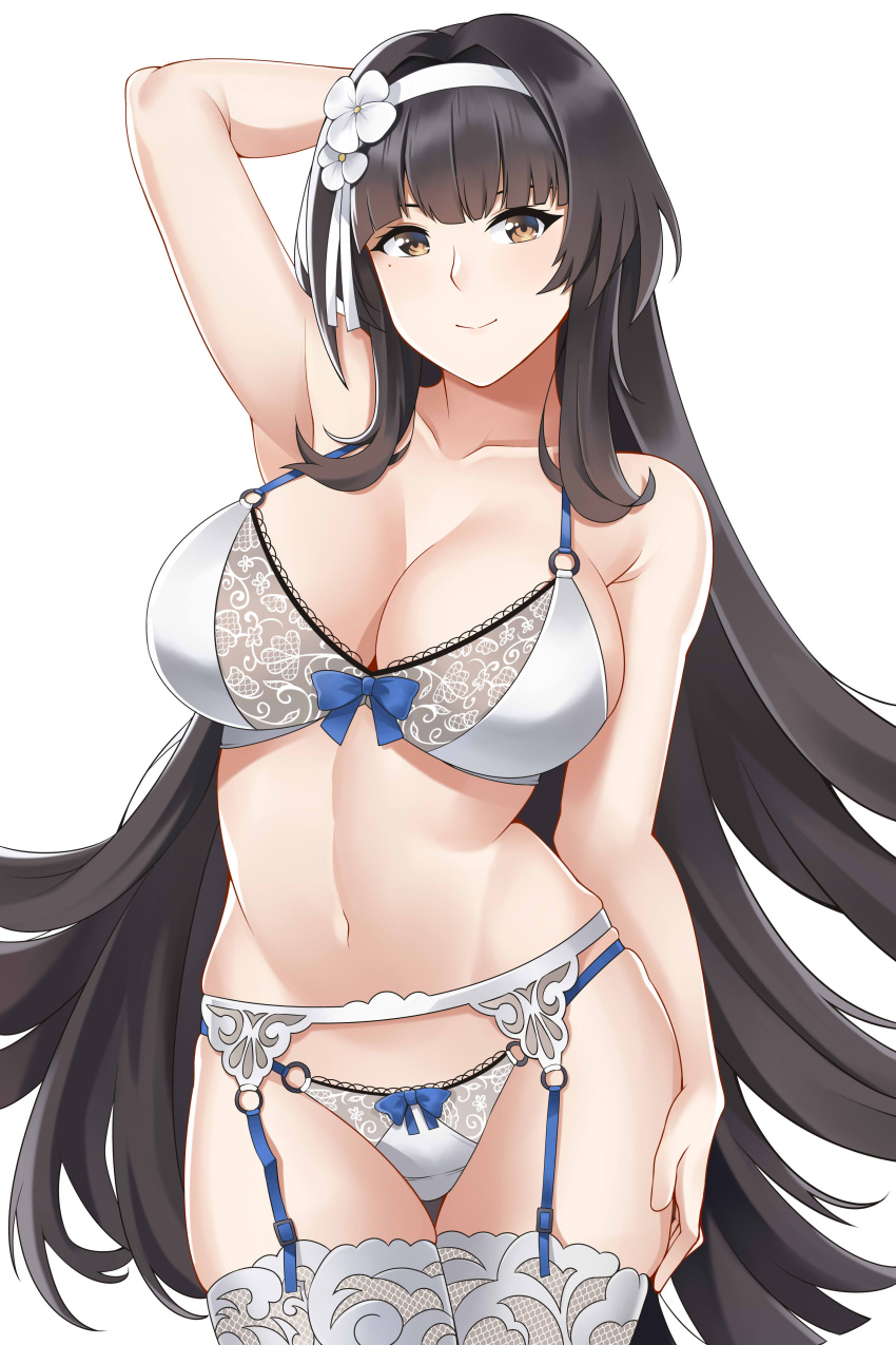1girl absurdres arm_up armpit_crease armpits aslindsamure bangs black_hair blush bow bow_bra bow_panties bra breasts cleavage cowboy_shot eyebrows_visible_through_hair flower garter_straps girls_frontline groin hair_flower hair_ornament hairband hand_on_own_thigh highres lace lace-trimmed_legwear large_breasts lingerie long_hair looking_at_viewer mole mole_under_eye navel paid_reward panties patreon_reward qbz-95_(girls_frontline) simple_background skindentation smile solo stomach thigh-highs thighs underwear underwear_only very_long_hair white_background white_bra white_hairband white_panties yellow_eyes