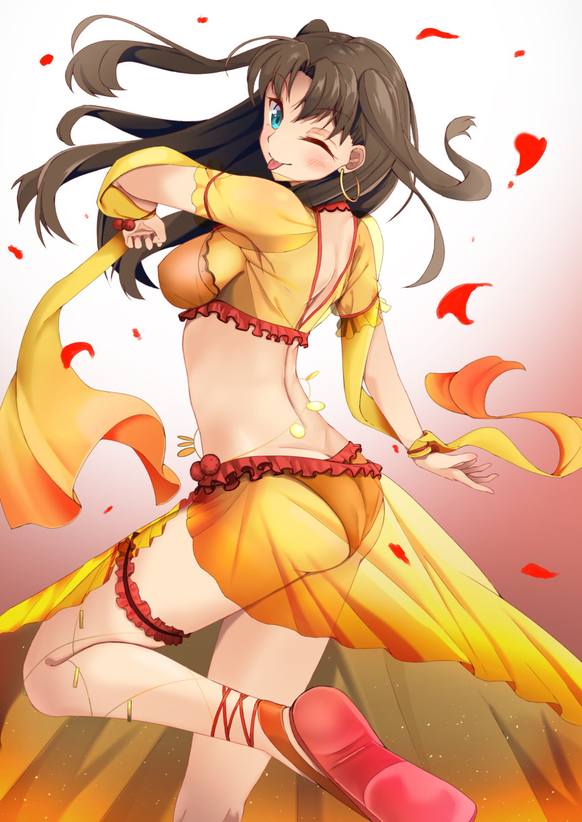 1girl absurdres ass blue_eyes breasts brown_hair butt_crack cosplay dancing dimples_of_venus earrings fate/grand_order fate/stay_night fate_(series) highres hoop_earrings jewelry mata_hari_(fate/grand_order) mata_hari_(fate/grand_order)_(cosplay) medium_breasts midriff nyoon one_eye_closed tohsaka_rin tongue tongue_out two_side_up