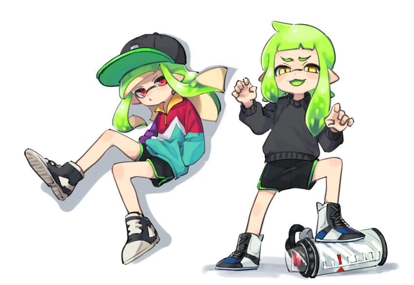 2girls :3 :d artist_request asymmetrical_hair baseball_cap black_shorts black_sweater domino_mask full_body green_hair green_tongue hands_in_pockets hands_up hat ink_tank_(splatoon) inkling legs_apart long_hair long_sleeves mask multiple_girls nintendo open_mouth pixiv13691592 pointy_ears red_eyes shoes shorts simple_background smile splatoon splatoon_(series) splatoon_2 sweater tentacle_hair white_background yellow_eyes