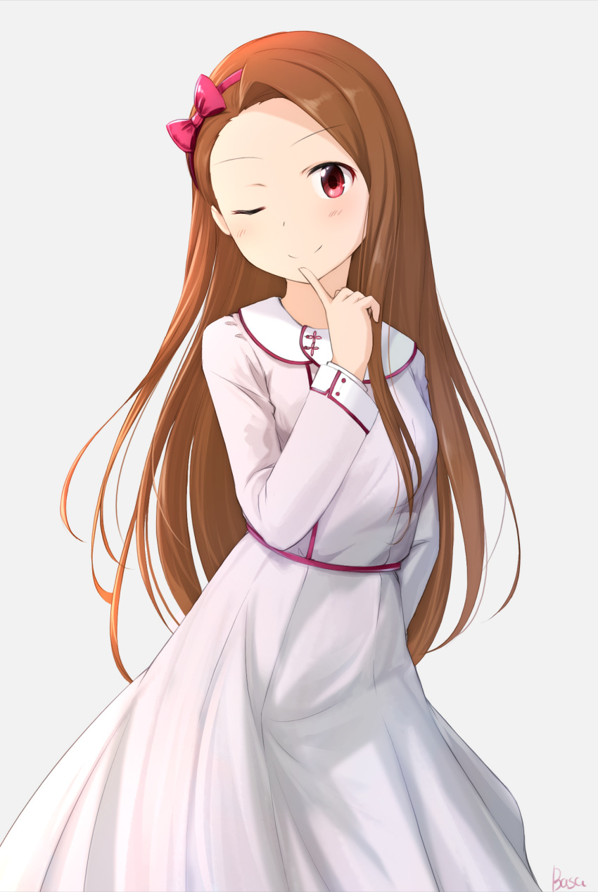 1girl ;) asymmetrical_bangs bangs basa_rutan blush bow brown_hair closed_mouth collared_shirt dress grey_background hair_bow hairband hand_up head_tilt highres idolmaster idolmaster_(classic) index_finger_raised long_hair long_sleeves minase_iori one_eye_closed pink_dress red_bow red_eyes red_hairband shirt signature smile solo v-shaped_eyebrows very_long_hair white_shirt