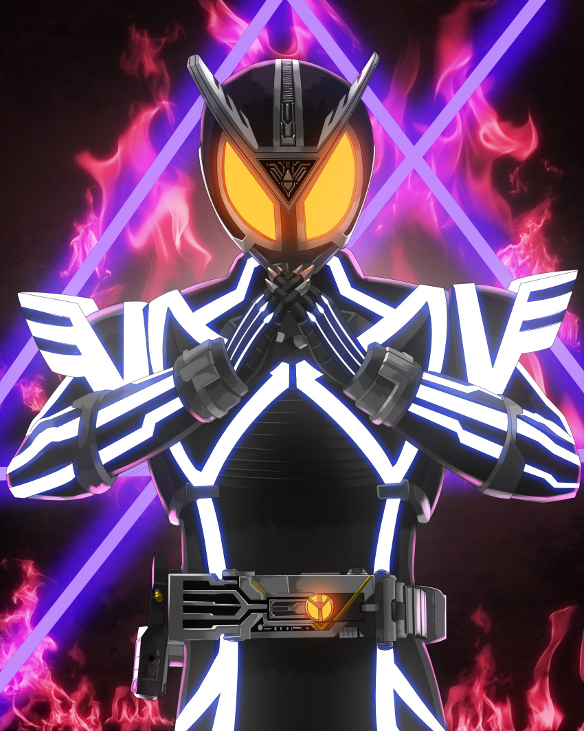 1boy absurdres antennae crossed_fingers fire glowing glowing_eyes helmet highres kamen_rider kamen_rider_555 kamen_rider_delta looking_at_viewer male_focus moyashi_(karamisouma) portrait solo