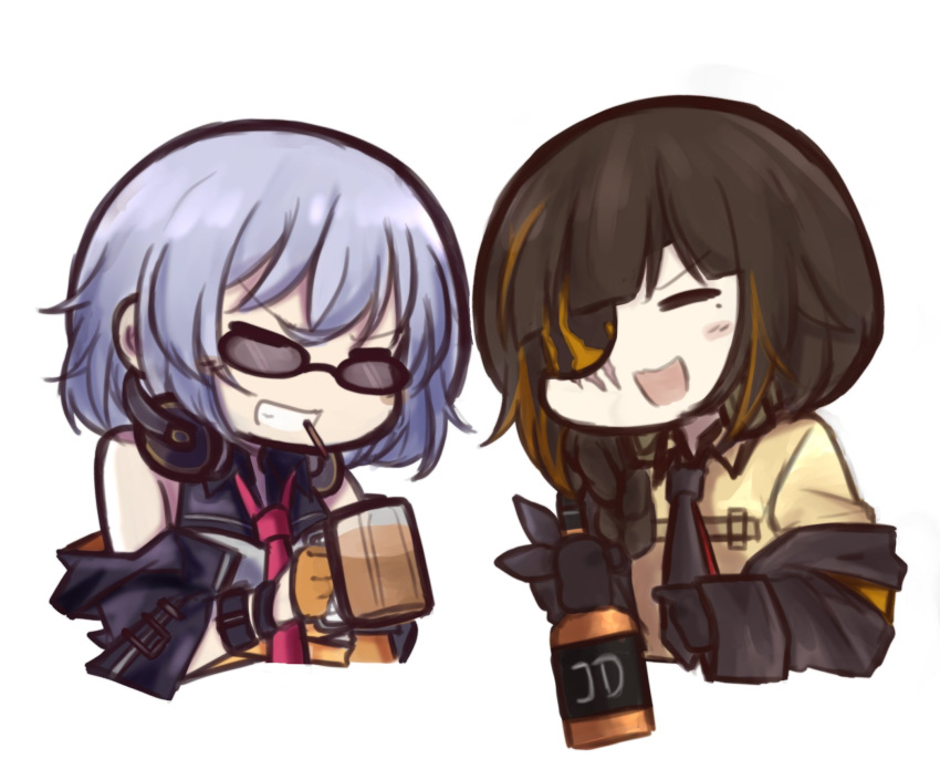 2girls alcohol artist_request beer beer_mug black_hair bottle chibi closed_eyes drinking eyepatch girls_frontline headphones headphones_around_neck highres jack_daniel's m16a1_(girls_frontline) multiple_girls necktie purple_hair scar scar_across_eye smile thompson_submachine_gun_(girls_frontline) whiskey wine_bottle