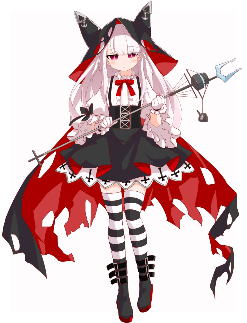 1girl azur_lane bangs black_cape black_footwear black_hat black_skirt blush boots bow cape center_frills closed_mouth commentary_request erebus_(azur_lane) eyebrows_visible_through_hair frills full_body gloves hair_between_eyes hat head_tilt highres hikyou_takarasou holding juliet_sleeves long_hair long_sleeves multicolored multicolored_cape multicolored_clothes pleated_skirt puffy_sleeves red_bow red_cape red_eyes shirt simple_background skirt smile solo standing standing_on_one_leg striped striped_legwear suspender_skirt suspenders thigh-highs thighhighs_under_boots torn_cape torn_clothes torn_hat very_long_hair white_background white_gloves white_hair white_shirt wide_sleeves