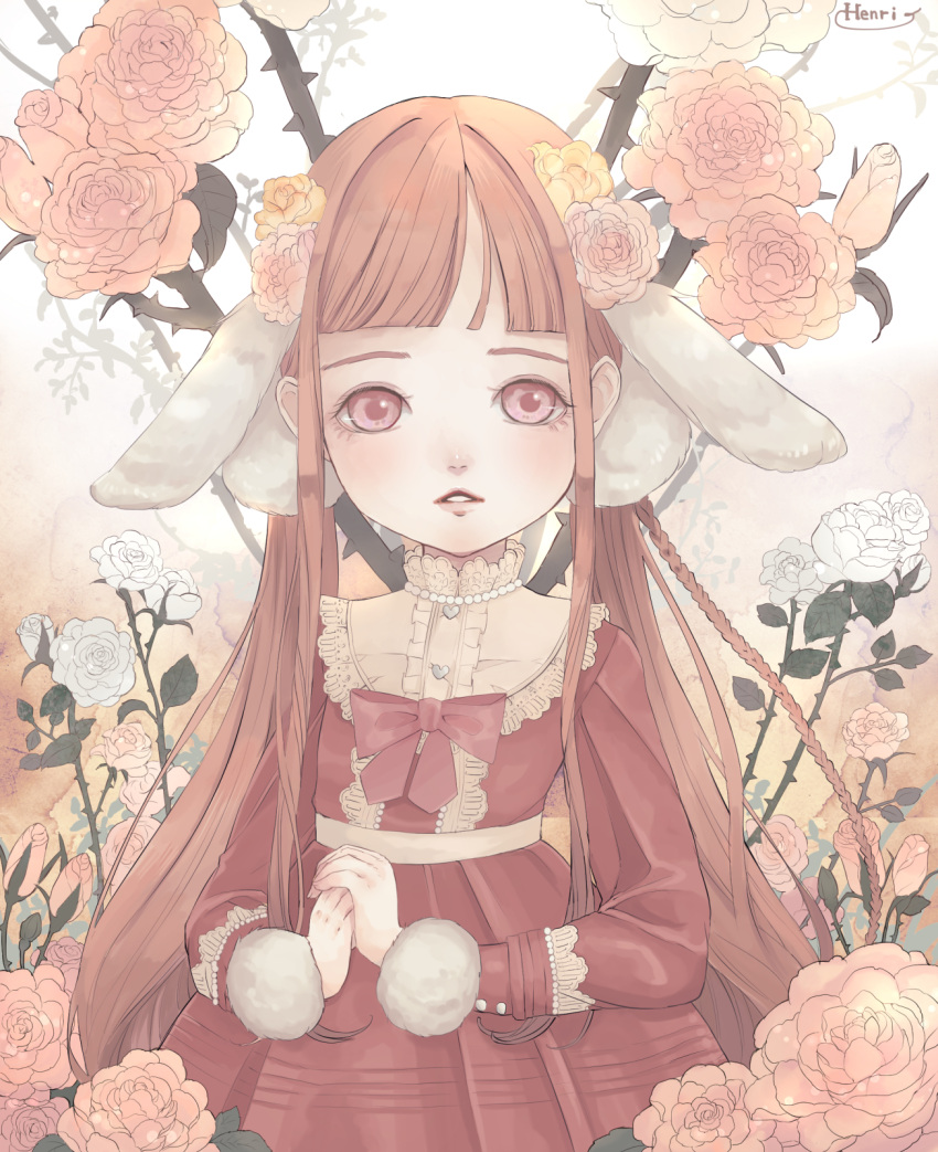1girl animal_ears arikawa_anri artist_name bangs blunt_bangs blush bow braid bunny_girl dress fantasy flower hair_flower hair_ornament hands_together highres jewelry long_braid long_hair long_sleeves looking_at_viewer necklace original parted_lips pearl_necklace pink_eyes rabbit_ears red_bow red_dress solo