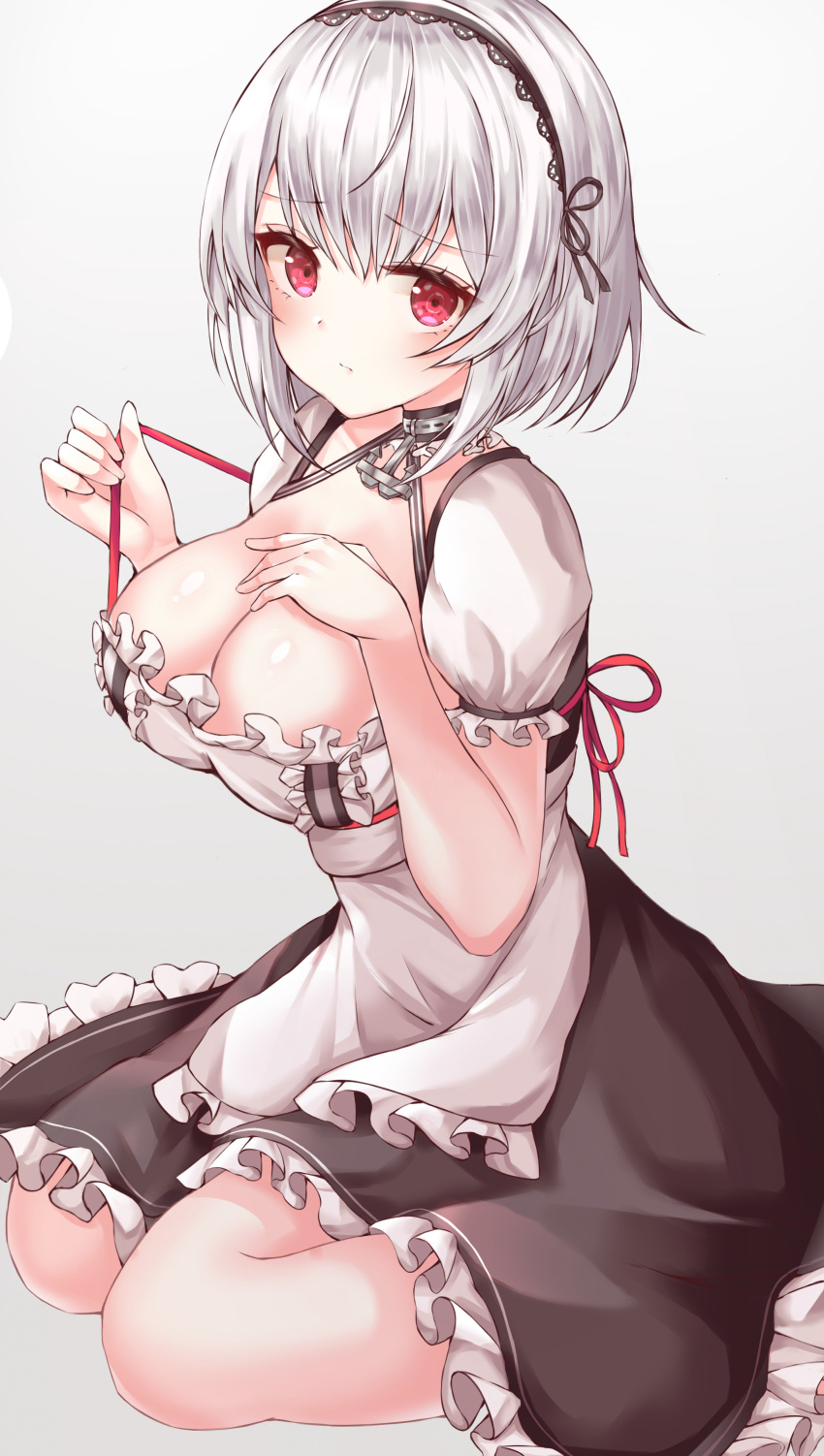 1girl absurdres anchor_necklace apron azur_lane breasts choker cleavage dress eyebrows_visible_through_hair frilled_skirt frills frown grey_background hairband hand_on_own_chest highres large_breasts looking_at_viewer lotpi maid_apron red_eyes ribbon short_hair silver_hair simple_background sirius_(azur_lane) sitting skirt solo wariza