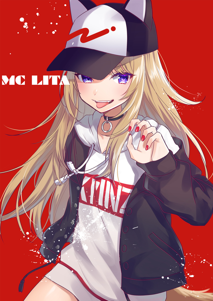 1girl :d animal_ears baseball_cap black_choker black_jacket blue_eyes brown_hair buttons character_name choker clothes_writing cowboy_shot drawstring fake_animal_ears floating_hair hand_up haruyuki_14 hat highres hood hood_down hoodie_dress jacket kmnz long_hair long_sleeves looking_at_viewer mc_liz nail_polish open_clothes open_jacket open_mouth red_background red_nails sidelocks smile solo standing tail tongue tongue_out v-shaped_eyebrows virtual_youtuber white_hoodie