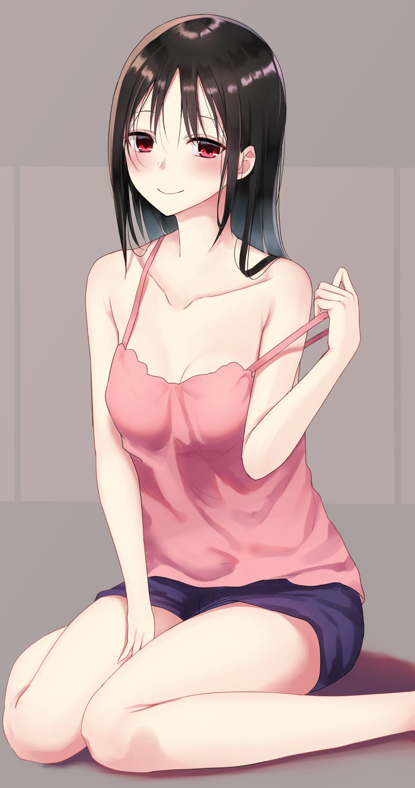 1girl bangs black_hair blush breasts camisole closed_mouth collarbone commentary_request eyebrows_visible_through_hair hair_between_eyes highres holding kaguya-sama_wa_kokurasetai_~tensai-tachi_no_renai_zunousen~ looking_at_viewer piripun red_eyes shinomiya_kaguya shorts simple_background sitting small_breasts smile solo undressing wariza