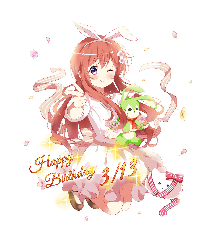 1girl ;q animal_ears bangs blush bow brown_footwear brown_hair closed_mouth commentary_request dated deyui eyebrows_visible_through_hair fake_animal_ears flower full_body gochuumon_wa_usagi_desu_ka? hair_between_eyes hair_flower hair_ornament hairband happy_birthday highres hoto_mocha long_hair mary_janes object_hug one_eye_closed petals pink_flower pointing pointing_at_viewer puffy_short_sleeves puffy_sleeves purple_flower rabbit_ears red_bow red_ribbon ribbon shirt shoes short_sleeves simple_background skirt smile solo sparkle striped striped_bow striped_ribbon stuffed_animal stuffed_bunny stuffed_toy tongue tongue_out very_long_hair violet_eyes white_background white_flower white_hairband white_shirt white_skirt yellow_flower