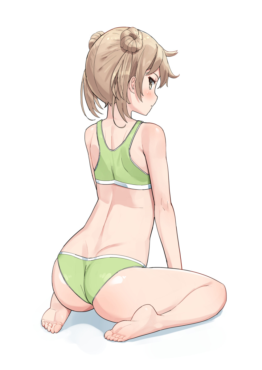 1girl ass back bare_legs bare_shoulders barefoot blush bra closed_mouth commentary_request double_bun feet full_body green_bra green_panties hair_between_eyes hair_bun highres kantai_collection light_brown_hair looking_at_viewer looking_back michishio_(kantai_collection) panties revision short_twintails simple_background sitting soles solo soushou_nin toes twintails underwear underwear_only white_background yellow_eyes