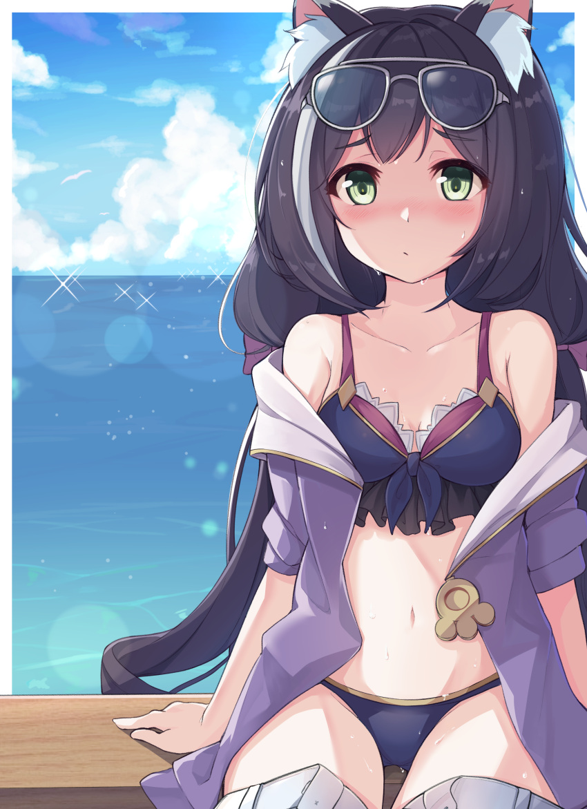 1girl absurdres animal_ear_fluff animal_ears bangs bare_shoulders bikini black_hair blue_bikini blue_sky blush breasts cat_ears closed_mouth clouds cloudy_sky collarbone commentary_request day eyebrows_visible_through_hair eyewear_on_head front-tie_bikini front-tie_top green_eyes highres horizon jacket kyaru_(princess_connect) long_hair looking_at_viewer multicolored_hair ocean off_shoulder ohshit open_clothes open_jacket outdoors princess_connect!_re:dive purple_jacket short_sleeves sky small_breasts solo streaked_hair sunglasses swimsuit very_long_hair water wet white_hair