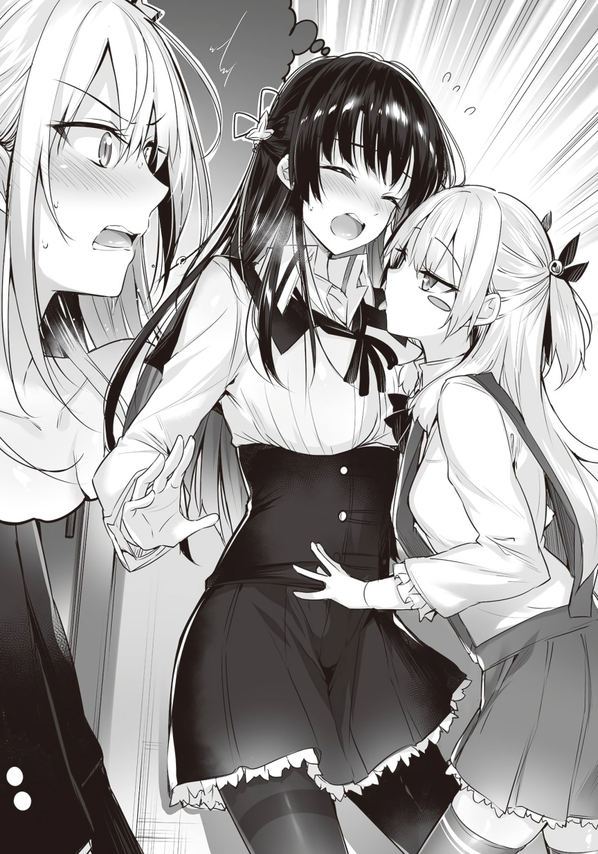 2girls blush breasts cleavage closed_eyes corset greyscale hair_ornament hair_ribbon highres kakao kawaii_onna_no_ko_ni_kouryaku_sareru_no_wa_suki_desu_ka? large_breasts long_hair long_sleeves miniskirt monochrome multiple_girls neck_ribbon novel_illustration official_art open_mouth pantyhose ribbon sailor_collar shiny shiny_hair shirt skirt small_breasts standing suspender_skirt suspenders sweatdrop thought_bubble tongue tongue_out two_side_up very_long_hair