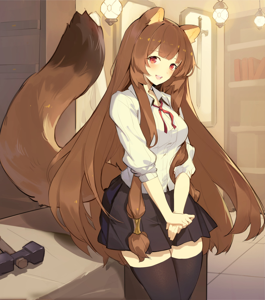 1girl absurdres animal_ears blush brown_hair cubies_(tiger_205) highres long_hair looking_at_viewer open_mouth raccoon_ears raccoon_girl raccoon_tail raphtalia red_eyes skirt smile solo tail tate_no_yuusha_no_nariagari thigh-highs very_long_hair