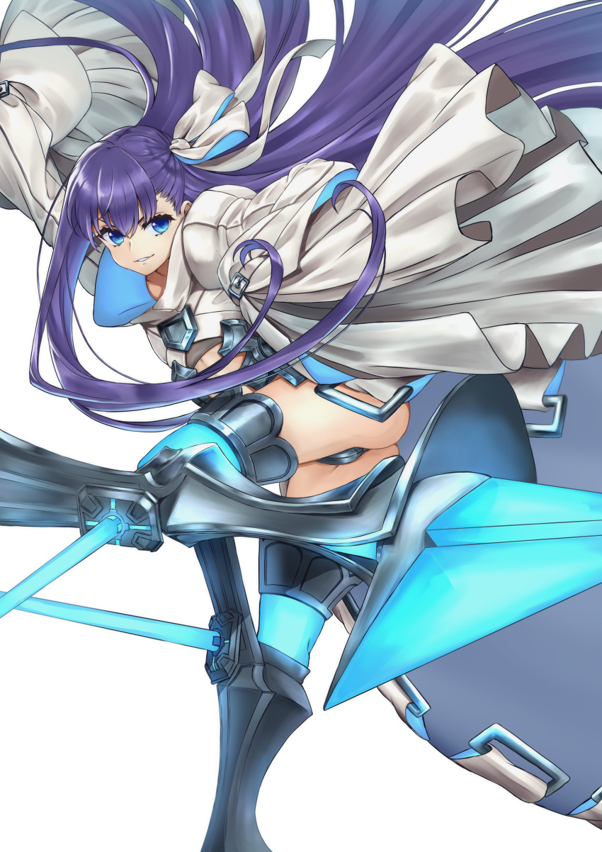 1girl absurdres belt blue_eyes crotch_plate fate/extra fate/extra_ccc fate/grand_order fate_(series) grin hair_ribbon highres kent0320 long_hair meltlilith metal_boots prosthesis prosthetic_leg purple_hair ribbon simple_background sleeves_past_wrists smile solo spikes very_long_hair waistcoat white_background white_ribbon