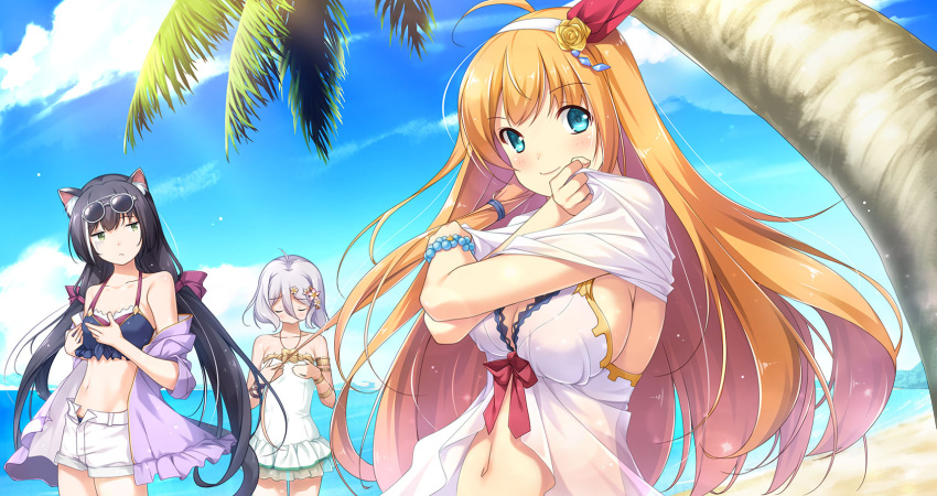 3girls ahoge beach bikini black_hair blue_bikini blue_eyes blue_sky blush breast_envy breasts brown_hair casual_one-piece_swimsuit cleavage closed_mouth clouds commentary_request day gennosuke green_eyes green_swimsuit hairband highres horizon jacket kokkoro_(princess_connect!) kyaru_(princess_connect) large_breasts lifted_by_self long_hair looking_at_viewer multicolored_hair multiple_girls navel ocean off_shoulder one-piece_swimsuit open_clothes open_jacket outdoors palm_tree pecorine princess_connect! princess_connect!_re:dive purple_jacket sand shirt shirt_lift short_shorts shorts silver_hair sky small_breasts smile streaked_hair swimsuit tree undressing very_long_hair water white_hair white_hairband white_shirt white_shorts