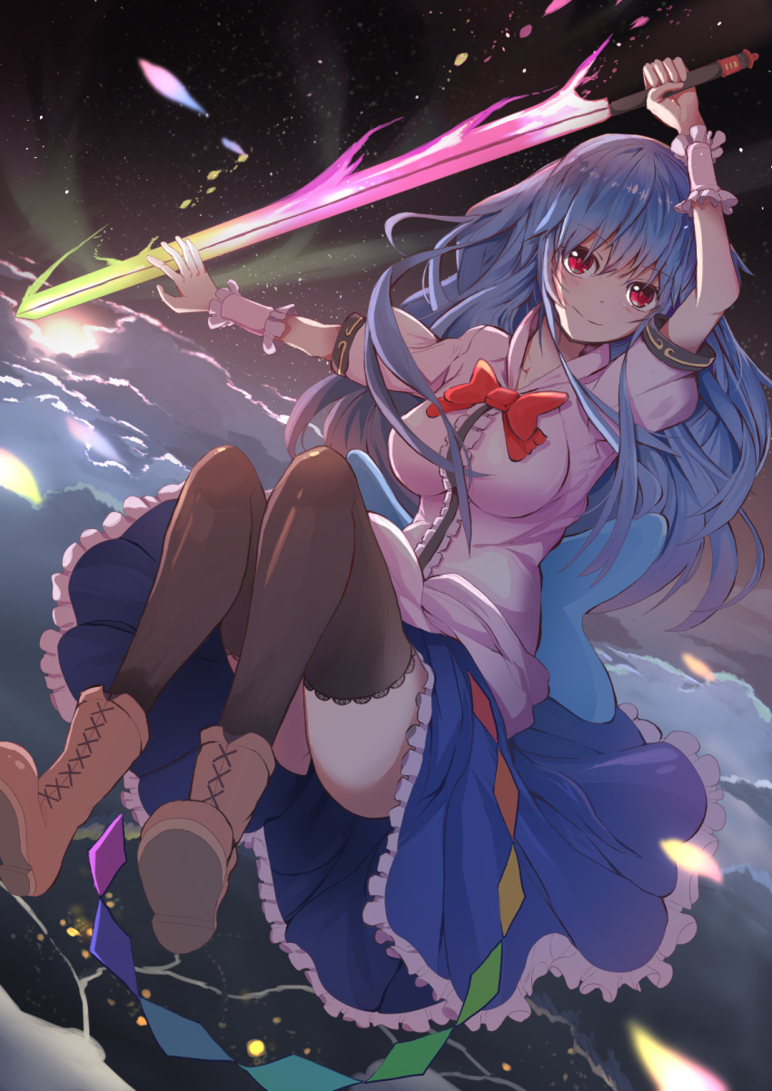 1girl arm_up black_legwear blue_hair blue_skirt boots brown_footwear floating_hair frilled_skirt frills full_body green_neckwear highres hinanawi_tenshi holding holding_sword holding_weapon long_hair looking_at_viewer medium_skirt ooru_(t20nozomu) outdoors outstretched_arm red_eyes shirt short_sleeves skirt sky smile solo star_(sky) starry_sky sword sword_of_hisou thigh-highs touhou very_long_hair weapon white_shirt