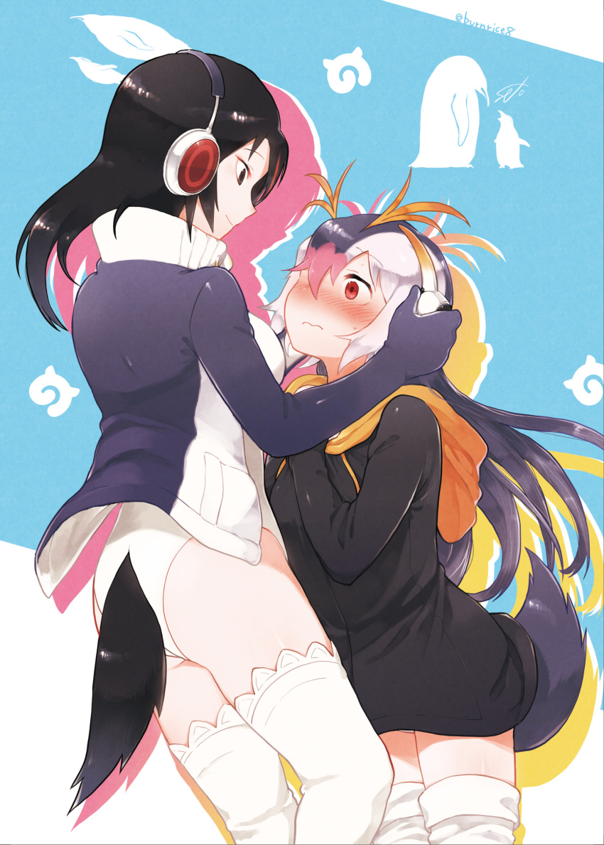 2girls ass bird bird_tail black_hair blush closed_mouth collared_jacket cosplay costume_switch cowboy_shot drawstring emperor_penguin_(kemono_friends) emperor_penguin_(kemono_friends)_(cosplay) eyebrows_visible_through_hair furrowed_eyebrows grey_hair hair_over_one_eye hands_on_headphones hands_up headphones height_difference high_collar highres hood hood_down hoodie jacket japari_symbol kemono_friends leotard long_hair long_sleeves looking_at_another multicolored_hair multiple_girls nose_blush open_clothes open_jacket orange_hair penguin penguin_tail pink_hair pocket red_eyes redhead royal_penguin_(kemono_friends) royal_penguin_(kemono_friends)_(cosplay) second-party_source seto_(harunadragon) signature smile streaked_hair sweat tail tail_through_clothes thigh-highs two-tone_hair white_hair white_leotard zettai_ryouiki