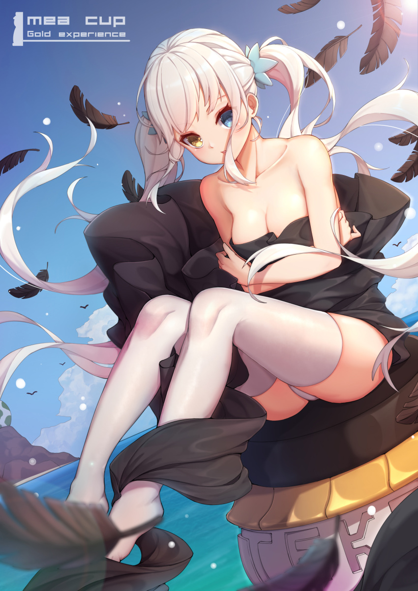 1girl absurdres bangs bare_arms bare_shoulders black_dress blue_eyes blue_sky breasts chinese_commentary cleavage collarbone commentary_request day dress dress_lift eyebrows_visible_through_hair feathers floating_hair full_body heterochromia highres horizon kagura_mea kagura_mea_channel long_hair looking_at_viewer medium_breasts no_shoes ocean outdoors panties pantyshot pantyshot_(sitting) parted_lips pillar sidelocks sitting sky solo strapless strapless_dress sun sunlight thigh-highs twintails underwear upskirt very_long_hair virtual_youtuber white_hair white_legwear wind wind_lift yan_mian yellow_eyes