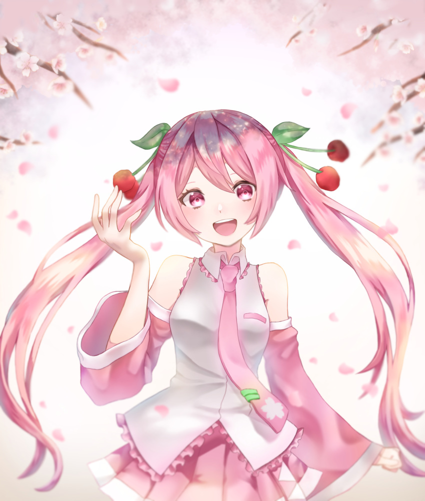 1girl absurdres alternate_color bare_shoulders blush branch cherry_blossoms cherry_hair_ornament detached_sleeves floral_print food_themed_hair_ornament frilled_shirt frills hair_ornament hand_up hatsune_miku highres komomo_(pixiv30257478) long_hair looking_at_viewer necktie petals pink_eyes pink_hair sakura_miku shirt skirt sleeveless sleeveless_shirt smile solo twintails upper_body very_long_hair vocaloid