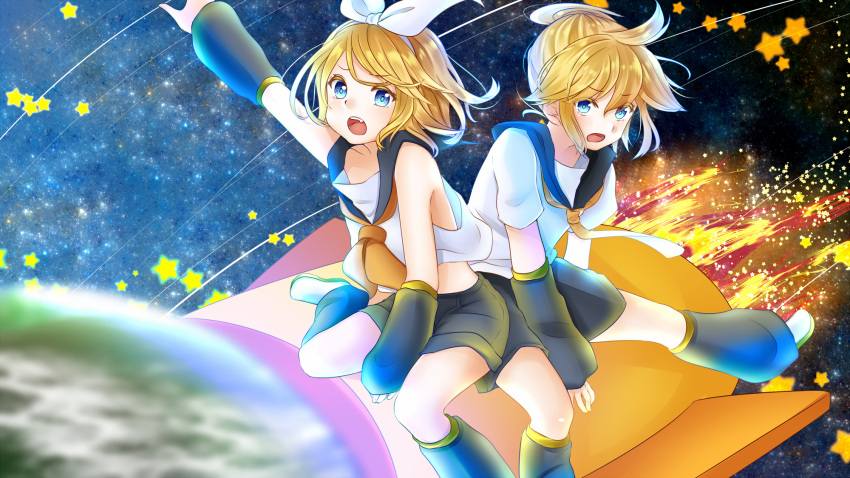 1boy 1girl arm_up between_legs black_legwear black_sailor_collar black_shorts black_sleeves blonde_hair blue_eyes boots bow brother_and_sister detached_sleeves eyebrows_visible_through_hair fang floating_hair hair_between_eyes hair_bow hairband hand_between_legs highres kagamine_len kagamine_rin leg_warmers midriff necktie open_mouth orange_neckwear outstretched_arm ponta_(poqpon) riding sailor_collar shiny shiny_hair shirt short_hair short_shorts short_sleeves shorts siblings sidelocks sky sleeveless sleeveless_shirt star_(sky) starry_sky stomach vocaloid white_bow white_footwear white_hairband white_shirt