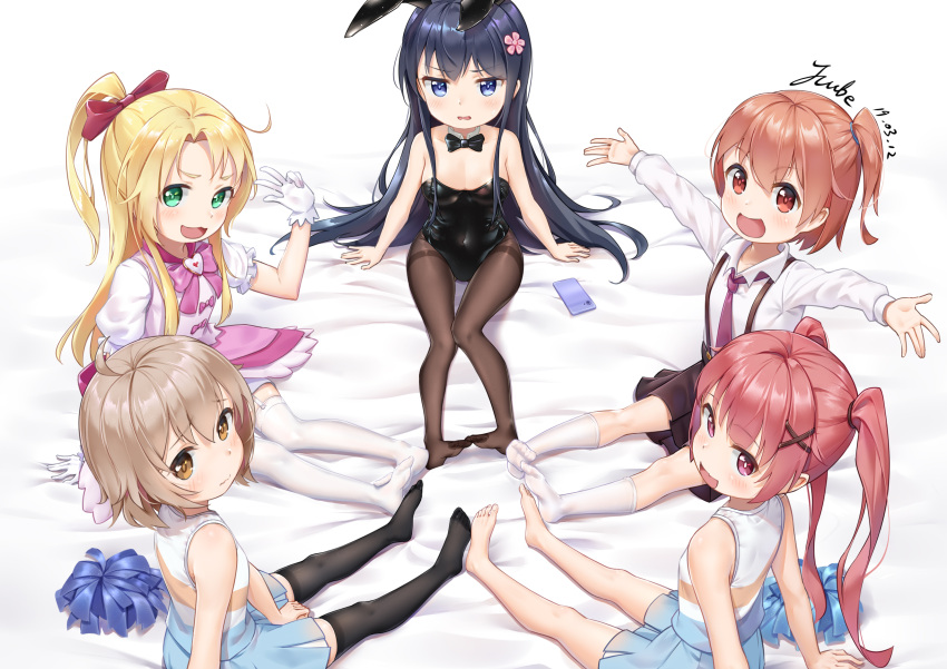 5girls :3 :d absurdres ahoge animal_ears arm_support artist_name ass_visible_through_thighs bangs bare_shoulders barefoot black_hair black_legwear black_leotard black_neckwear blonde_hair blue_eyes blue_skirt blush bow bowtie breasts brown_eyes brown_hair bunnysuit cheerleader cleavage closed_mouth collarbone collared_shirt covered_navel dated detached_collar eyebrows_visible_through_hair fake_animal_ears fang feet flower frilled_sleeves frills full_body garter_straps gloves green_eyes hair_between_eyes hair_bow hair_flower hair_ornament hand_up heart highres himesaka_noa hoshino_hinata j-cube konomori_kanon leotard long_hair long_sleeves looking_at_viewer looking_back magical_girl multiple_girls necktie no_shoes open_mouth outstretched_arms pantyhose pink_bow pink_flower pink_skirt pom_poms ponytail purple_neckwear rabbit_ears red_bow red_eyes redhead shirosaki_hana shirt short_hair short_sleeves side_ponytail signature simple_background sitting skirt sleeveless sleeveless_shirt smile strapless strapless_leotard suspenders tanemura_koyori thigh-highs thighband_pantyhose toes twintails v very_long_hair watashi_ni_tenshi_ga_maiorita! white_background white_gloves white_legwear white_shirt wrist_cuffs x_hair_ornament zettai_ryouiki