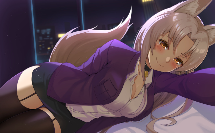 1girl animal_ears arm_behind_back bangs bed black_legwear black_skirt blazer blush breast_pocket breasts city cleavage closed_mouth collar collared_shirt dress_shirt fox_ears fox_girl fox_tail garter_straps indoors jacket large_breasts long_hair long_sleeves looking_at_viewer lying maemi_(maemi12) miniskirt mole mole_under_eye night on_bed on_side open_clothes open_jacket orange_eyes original parted_bangs pencil_skirt pocket purple_jacket self_shot shirt skirt smile solo tail thigh-highs very_long_hair white_hair white_shirt window zettai_ryouiki