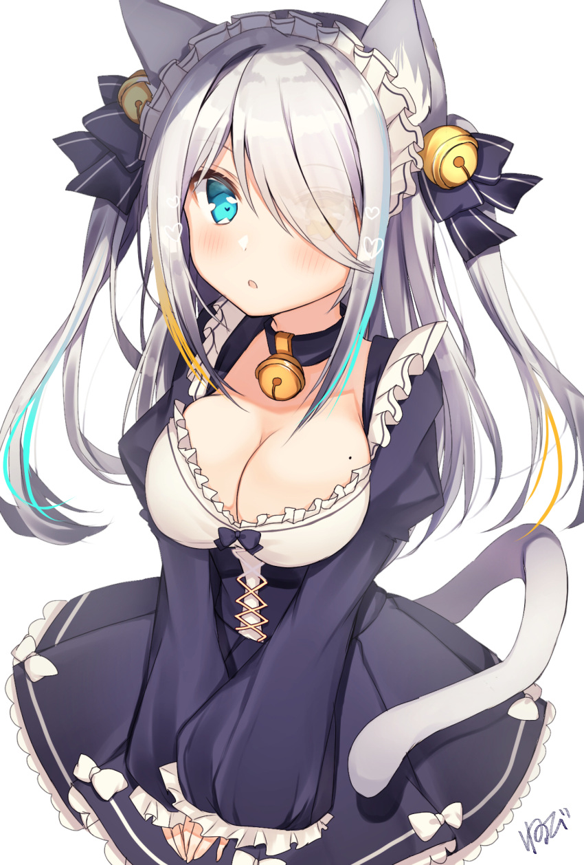 1girl :o animal_ears bangs bell bell_collar black_bow black_collar black_dress blonde_hair blue_eyes blue_hair blush bow breasts brown_eyes cat_ears cat_girl cat_tail cleavage collar commentary_request dress eyebrows_visible_through_hair eyes_visible_through_hair frilled_sleeves frills hair_bell hair_bow hair_ornament hair_over_one_eye hands_together heart heterochromia highres jingle_bell juliet_sleeves long_sleeves medium_breasts multicolored_hair nenobi_(nenorium) original own_hands_together parted_lips puffy_sleeves signature simple_background sleeves_past_wrists solo streaked_hair tail two_side_up v_arms white_background white_bow