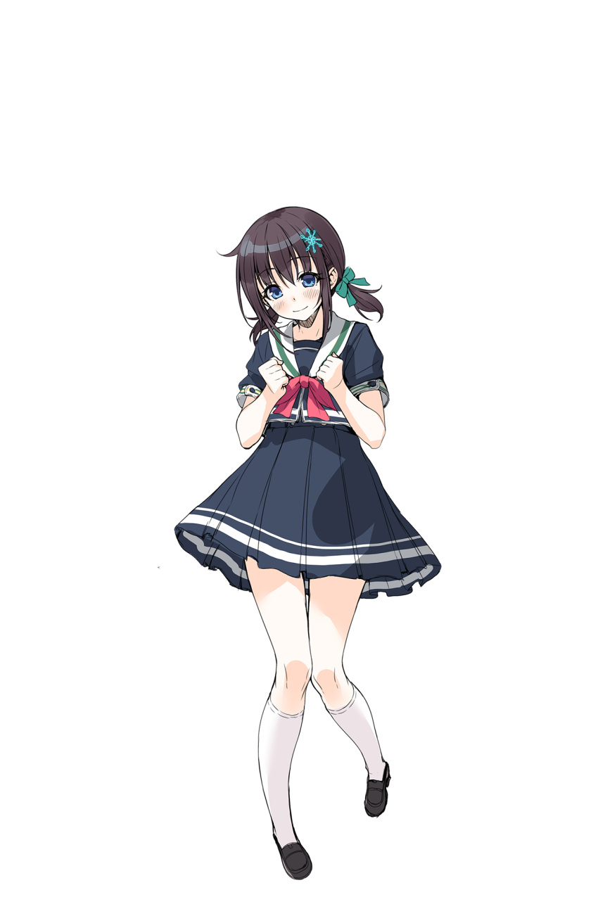 1girl black_footwear blue_dress blue_eyes blush bow brown_hair clenched_hand dress full_body green_ribbon hair_ornament hair_ribbon hand_up highres kanojo_to_issho_no_kaerimichi kneehighs looking_at_viewer medium_hair official_art red_bow ribbon school_uniform short_sleeves short_twintails skirt smile snowflake_hair_ornament solo standing twintails white_background white_legwear yukihara_maiyu