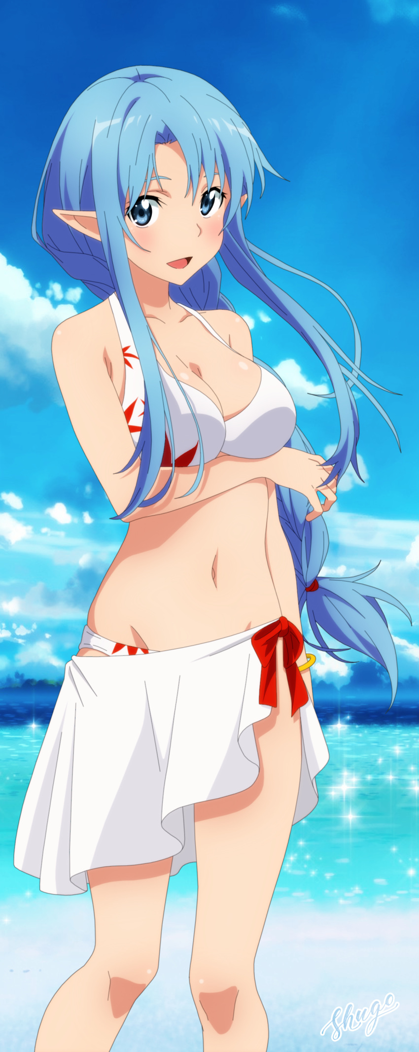 1girl absurdres arm_under_breasts artist_name asuna_(sao) asuna_(sao-alo) benjoerres blue_eyes blue_hair breasts cleavage clouds cloudy_sky collarbone commentary day english_commentary feet_out_of_frame hair_ornament highres large_breasts long_hair looking_at_viewer navel ocean outdoors pointy_ears red_ribbon ribbon sky smile solo standing swimsuit sword_art_online water