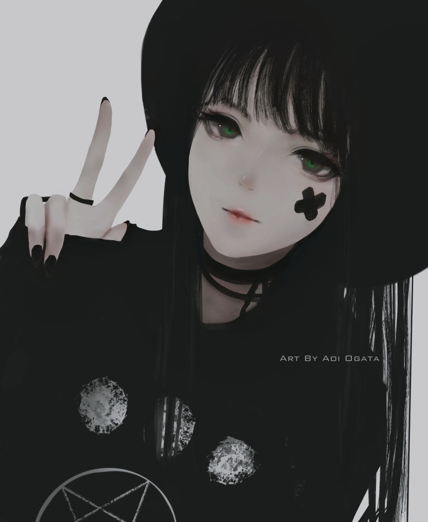 aoi_ogata artist_name bangs black_hair black_hat black_nails black_sweater commentary commission dutch_angle english_commentary eyelashes facepaint green_eyes grey_background hat highres lips long_hair looking_at_viewer nail_polish original red_lips simple_background sweater upper_body v