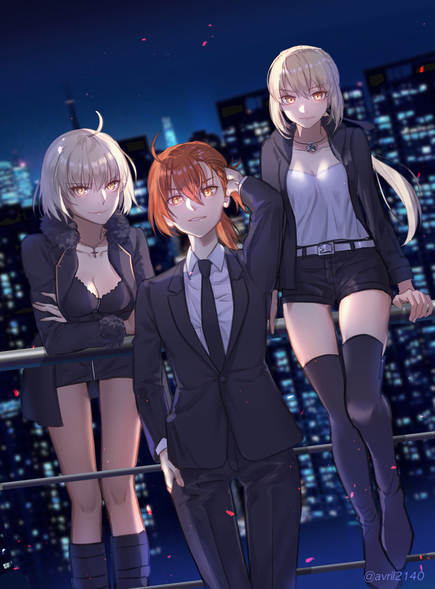 3girls androgynous artoria_pendragon_(all) avril214 bangs black_jacket blonde_hair coat crossdressinging fate/grand_order fate_(series) formal fur-trimmed_coat fur-trimmed_jacket fur-trimmed_sleeves fur_trim highres jacket jeanne_d'arc_(alter)_(fate) jeanne_d'arc_(fate)_(all) long_hair low_ponytail multiple_girls open_clothes open_coat open_jacket pant_suit ponytail reverse_trap saber_alter sidelocks smile suit wicked_dragon_witch_ver._shinjuku_1999 yellow_eyes