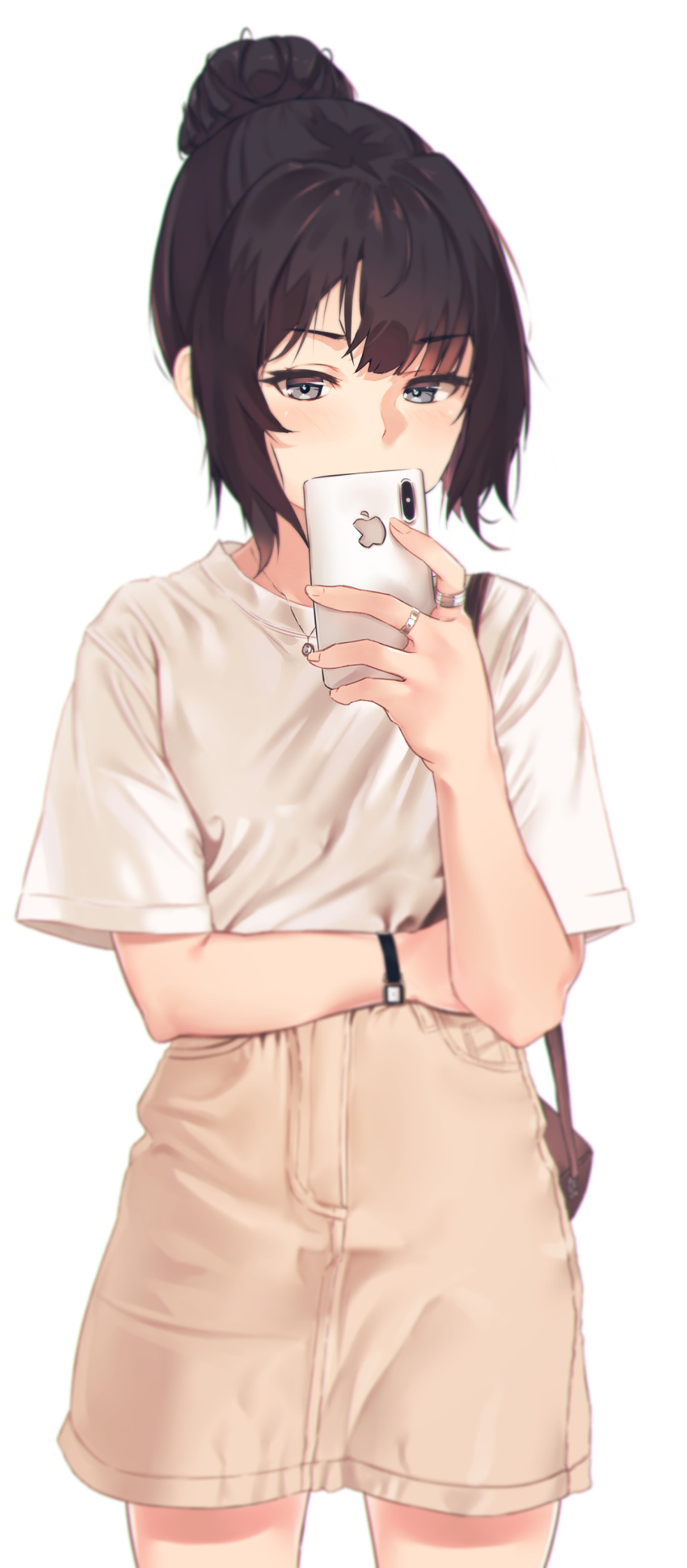 1girl absurdres apple_inc. bag bangs beige_shorts black_hair blurry cellphone covering_mouth eyebrows_visible_through_hair grayfox grey_eyes hair_bun highres holding holding_cellphone holding_phone jewelry looking_at_viewer necklace original phone ring shirt short_hair short_sleeves shorts sidelocks simple_background smartphone solo t-shirt white_background white_shirt