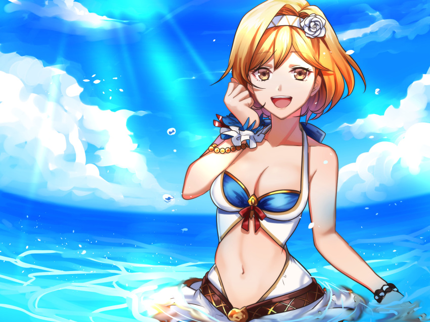 1girl :d blonde_hair bracelet breasts brown_eyes cleavage clouds collarbone day djeeta_(granblue_fantasy) eyebrows_visible_through_hair flower granblue_fantasy hair_between_eyes hair_flower hair_ornament hairband highres jewelry kurozatou_owata looking_at_viewer medium_breasts midriff navel ocean open_mouth outdoors print_hairband rose short_hair smile solo stomach sunlight wading white_flower white_hairband white_rose wrist_cuffs