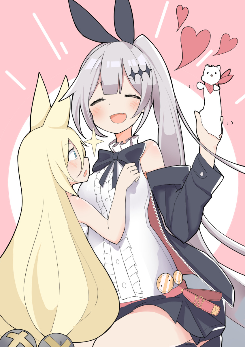 2girls animal animal_ears bangs bare_shoulders black_jacket black_skirt blonde_hair blouse blue_eyes blush bow bowtie bunny_hair_ornament cat_ears closed_eyes emphasis_lines eyebrows_visible_through_hair fake_animal_ears fang five-seven_(girls_frontline) g41_(girls_frontline) girls_frontline hair_between_eyes hair_bobbles hair_ornament hair_ribbon heart high_ponytail highres holding holding_animal huaji jacket kneeling long_hair looking_at_another low_tied_hair low_twintails microskirt monochrome multiple_girls off_shoulder open_mouth pleated_skirt ponytail rabbit_ears ribbon rot_zzi sidelocks silver_hair skirt smile star surprised thighs twintails very_long_hair white_blouse