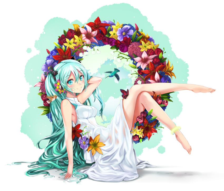 1girl aqua_eyes aqua_hair bare_arms bare_legs bare_shoulders barefoot bird breasts bug butterfly commentary dress english_commentary ep_(emio_parn) eyebrows_visible_through_hair flower flower_ring from_side hair_ornament hand_behind_head hatsune_miku highres insect looking_at_viewer lying medium_breasts on_back pink_flower purple_flower red_flower sleeveless sleeveless_dress smile solo twintails vocaloid white_dress yellow_flower