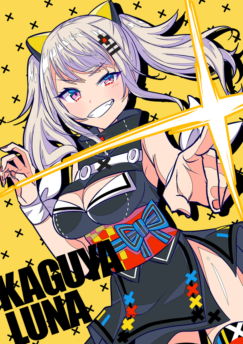 1girl :d bare_arms bare_shoulders black_shirt black_skirt blue_eyes blue_ribbon breasts character_name cleavage cleavage_cutout cowboy_shot d-pad d-pad_hair_ornament diffraction_spikes drop_shadow foreshortening grin hair_ornament hand_up haruyuki_14 high_collar highres kaguya_luna long_hair looking_at_viewer medium_breasts miniskirt nail_polish obi open_mouth pink_nails pointing ribbon sash shirt side_slit sidelocks silver_hair skirt sleeveless sleeveless_shirt smile solo standing teeth the_moon_studio thigh-highs twintails uneven_eyes v-shaped_eyebrows virtual_youtuber yellow_background