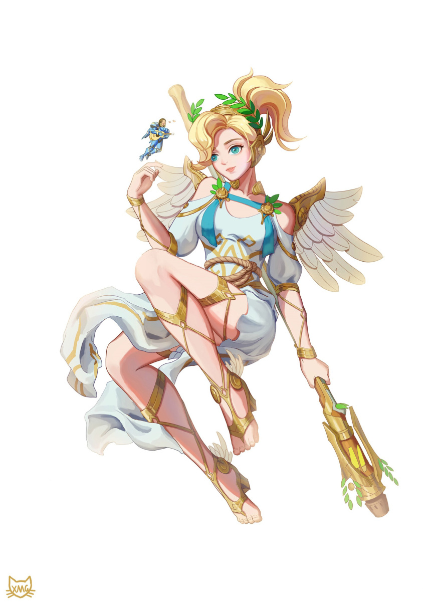 2girls absurdres alternate_costume aqua_eyes black_hair blonde_hair breasts collarbone dark_skin dress feathered_wings floating full_body guitar hair_tubes head_wreath heart high_ponytail highres holding holding_staff instrument laurel_crown light_smile lips looking_at_another maggie_xie mechanical_wings medium_breasts mercy_(overwatch) minigirl multiple_girls music parted_lips pelvic_curtain pharah_(overwatch) pink_lips playing_instrument power_armor short_hair short_sleeves side_braids simple_background solo_focus staff toes toga white_background white_dress winged_victory_mercy wings