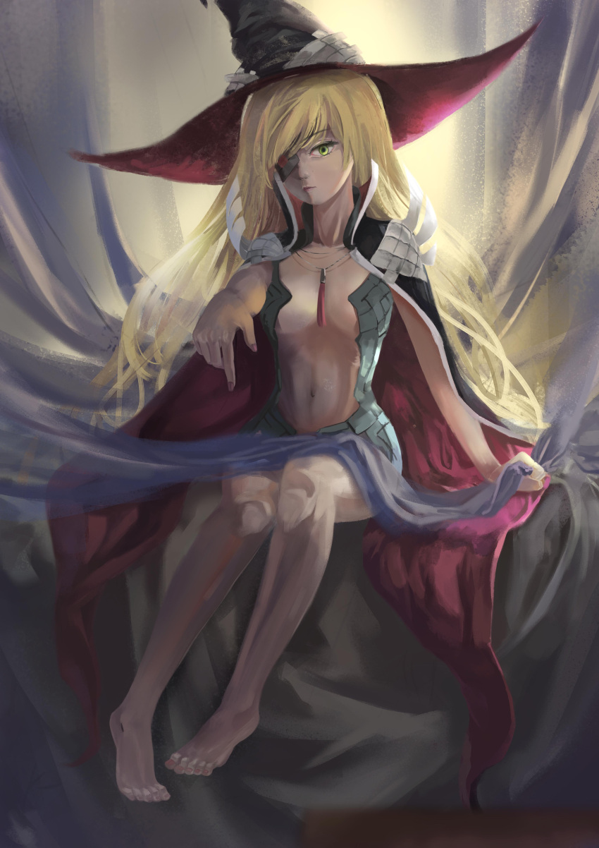 1girl absurdres blonde_hair breasts cape expressionless eyepatch green_eyes hat highres long_hair loominglamp navel necktie othinus outstretched_arm painterly to_aru_majutsu_no_index witch_hat
