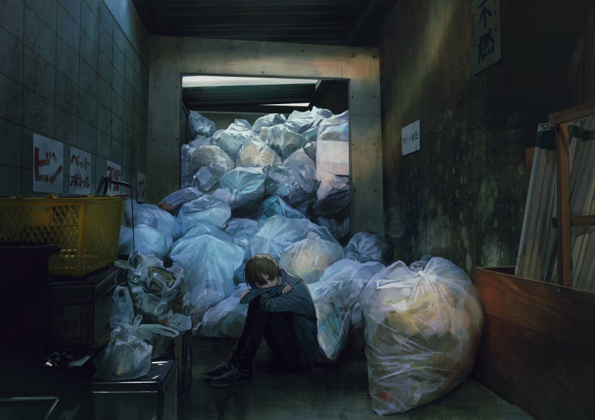 1boy basket black_hair blue_shirt covered_mouth highres indoors knees_up long_sleeves male_focus original pile shirt shoes short_hair sitting solo teru2307 trash_bag trash_pile wide_shot