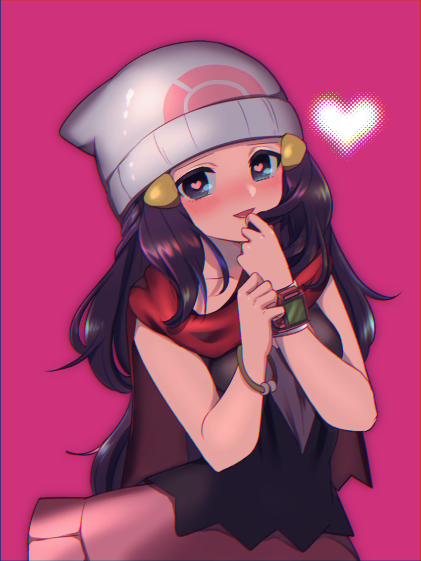 1girl beanie blue_eyes blush bracelet creatures_(company) game_freak hat heart heart-shaped_pupils highres hikari_(pokemon) jewelry long_hair looking_at_viewer mokorei nintendo open_mouth pink_background pink_skirt pokemon pokemon_(game) pokemon_dppt purple_hair red_scarf scarf simple_background skirt sleeveless smile solo symbol-shaped_pupils white_hat