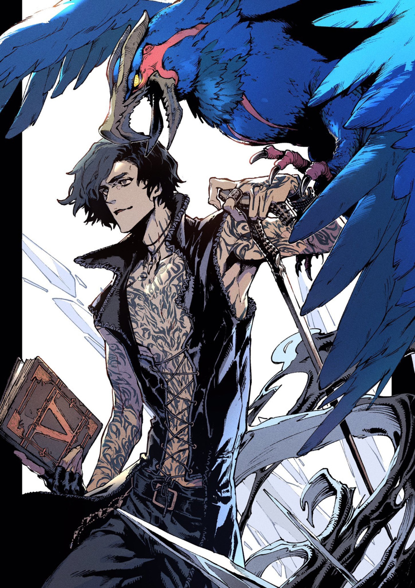 1boy arm_tattoo armpits beak belt belt_buckle bird black_belt black_gloves black_hair black_pants blue_fur book bracelet buckle cane chains devil_may_cry devil_may_cry_5 feathers fingerless_gloves flying full_body_tattoo gloves glowing glowing_eyes grey_eyes highres holding holding_book holding_cane jewelry necklace ogata_tomio open_mouth pants ring smile smoke talons tattoo v_(devil_may_cry) yellow_eyes