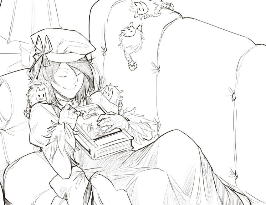 1girl book closed_eyes couch dress greyscale hat highres juliet_sleeves kikimora_(monster_girl_encyclopedia) lamp less long_dress long_sleeves lying medium_hair mofucore monochrome monster_girl monster_girl_encyclopedia on_back puffy_sleeves scales sketch smile