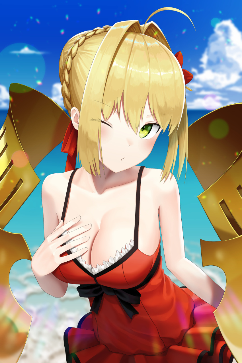 1girl absurdres ahoge armor bangs bare_arms bare_shoulders black_bow blonde_hair blue_sky blurry blurry_background bow braid breasts casual_one-piece_swimsuit cleavage clouds collarbone commentary_request cowboy_shot day depressed eyebrows_visible_through_hair eyes_visible_through_hair fate/extra fate/grand_order fate_(series) green_eyes hair_intakes hair_ribbon hand_on_own_chest head_tilt highres large_breasts layered_swimsuit leaning_forward lens_flare nero_claudius_(fate)_(all) nero_claudius_(swimsuit_caster)_(fate) ocean one-piece_swimsuit one_eye_closed pouty_lips red_ribbon red_swimsuit ribbon saber_extra sanbe_futoshi short_hair sidelocks sky solo swimsuit type-moon water