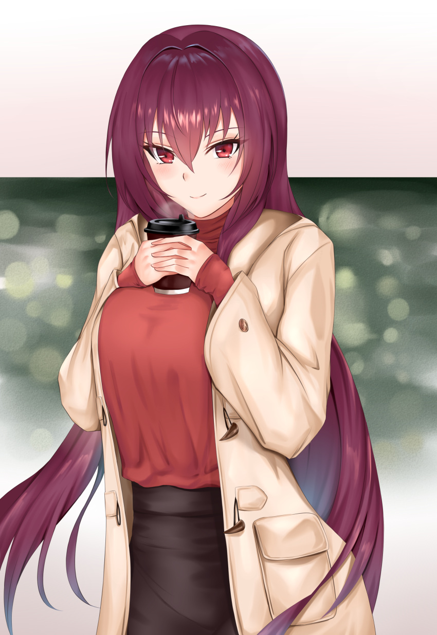 1girl absurdres alternate_costume bangs beige_coat black_skirt blush breasts casual closed_mouth coat coffee_cup contemporary crimecrime cup disposable_cup fate/grand_order fate_(series) hair_between_eyes highres large_breasts long_hair long_sleeves looking_at_viewer open_clothes open_coat purple_hair red_eyes red_sweater scathach_(fate)_(all) scathach_(fate/grand_order) skirt smile solo sweater