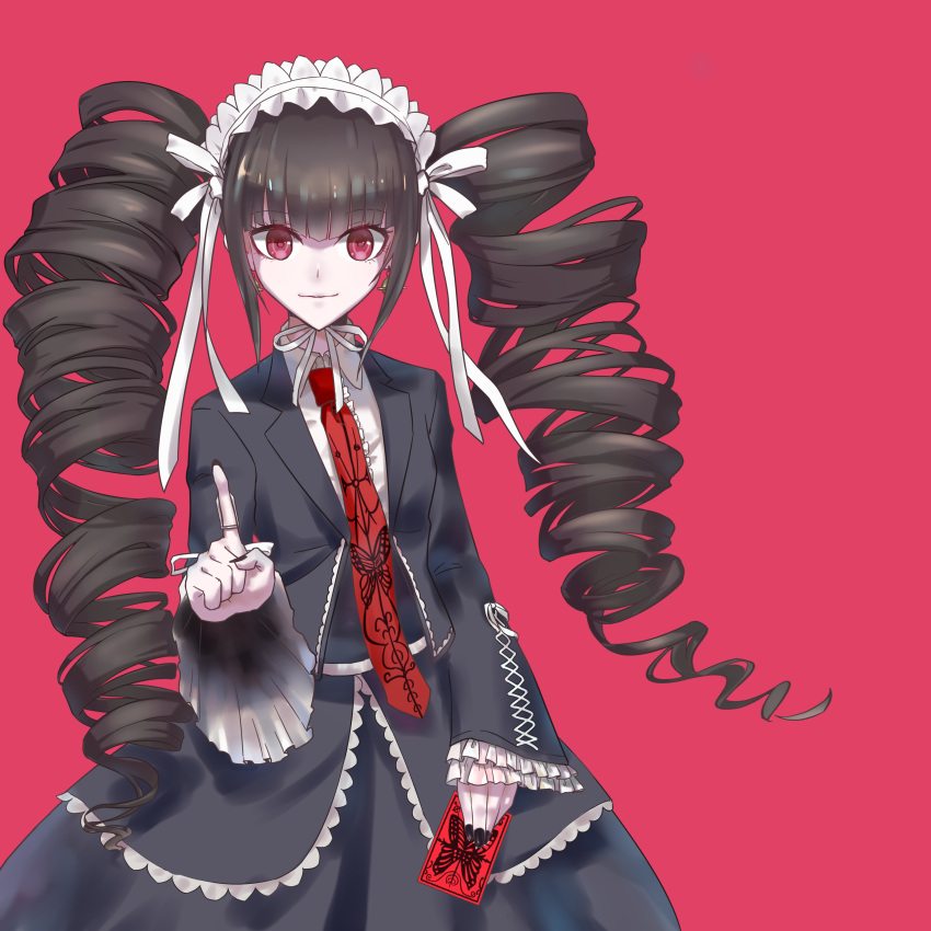 1girl absurdres black_dress black_hair black_nails bonnet bug butterfly card celestia_ludenberck commentary_request dangan_ronpa dangan_ronpa_1 dress drill_hair eyebrows_visible_through_hair frills gothic_lolita hair_ornament highres insect lolita_fashion long_hair looking_at_viewer nail_polish necktie pink_background playing_card red_eyes red_neckwear ribbon simple_background smile solo twin_drills twintails white_neckwear white_ribbon wuyinmingyue