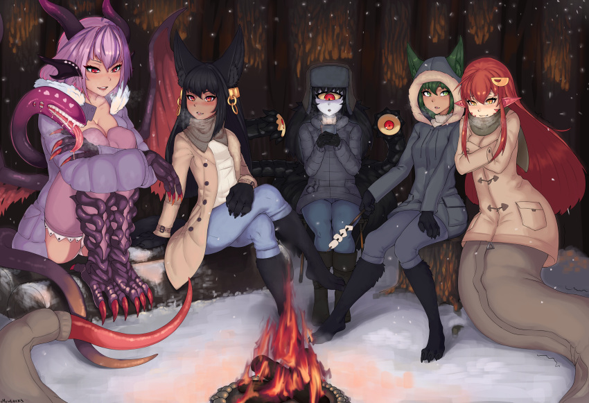 5girls absurdres anubis_(monster_girl_encyclopedia) artist_name black_footwear black_hair blush boots breasts breath campfire claws cleavage coat cold commentary commission crossed_legs crossover cup cyclops dark_skin ears_through_headwear english_commentary extra_eyes fang fang_out food forest fur fur_collar gazer_(monster_girl_encyclopedia) green_eyes green_hair hair_between_eyes hair_ornament hairclip highres hood hood_up hooded_jacket horns huge_filesize jabberwock_(monster_girl_encyclopedia) jacket jewelry knee_boots lamia leg_hug log long_hair long_sleeves looking_at_another looking_at_viewer looking_away marshmallow miia_(monster_musume) monster_girl monster_girl_encyclopedia monster_musume_no_iru_nichijou multiple_girls nature night one-eyed open_clothes open_coat orange_eyes outdoors ovosh147 pants parted_lips paws pointy_ears purple_hair red_eyes redhead scarf sitting slit_pupils snake_tail snow sweater tail tentacles tree tree_stump very_long_hair winter winter_clothes yellow_eyes yellow_sclera