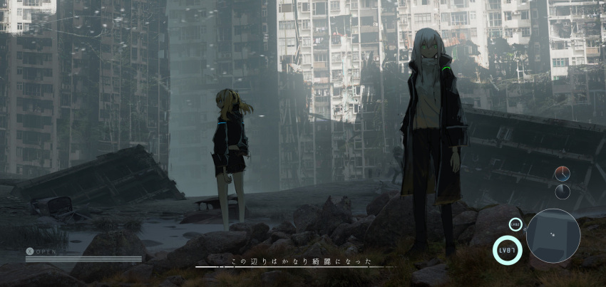 2girls absurdres asuteroid black_legwear blonde_hair blur building button_prompt clock commentary_request cornea_(asuteroid) from_behind green_eyes heads-up_display highres iz_(asuteroid) jacket long_hair looking_to_the_side minimap multiple_girls neon_trim original outdoors rock ruins scenery standing translation_request twintails very_long_hair white_hair